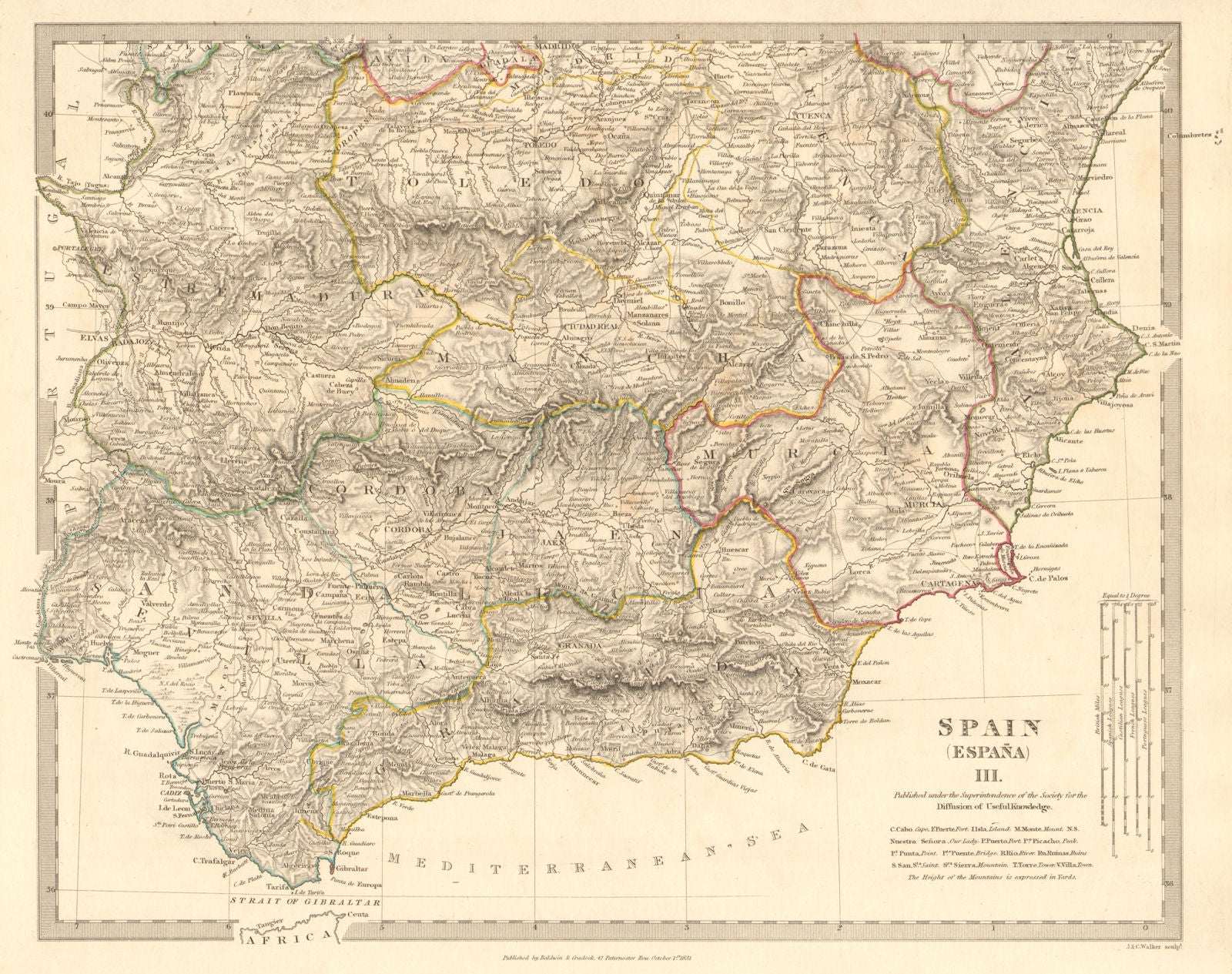 SPAIN SOUTH.Sevilla Granada Cordoba Jaen Murcia Valencia Toledo.SDUK 1848 map
